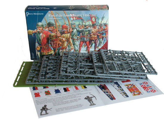Full box contents of Perry Miniatures Wars of the Roses Infantry including sprues and flags