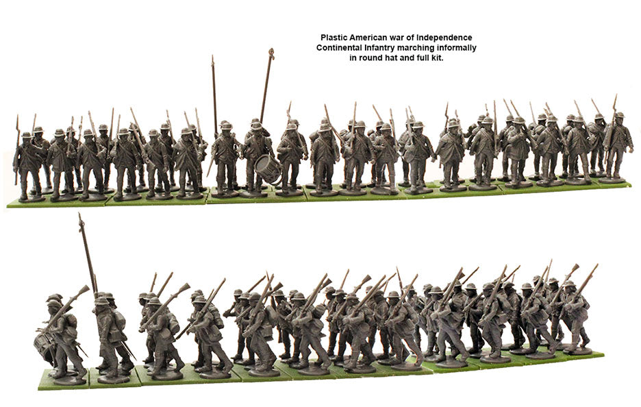 Unpainted Perry Miniatures Continental Infantry 1776–1783 figures in marching poses