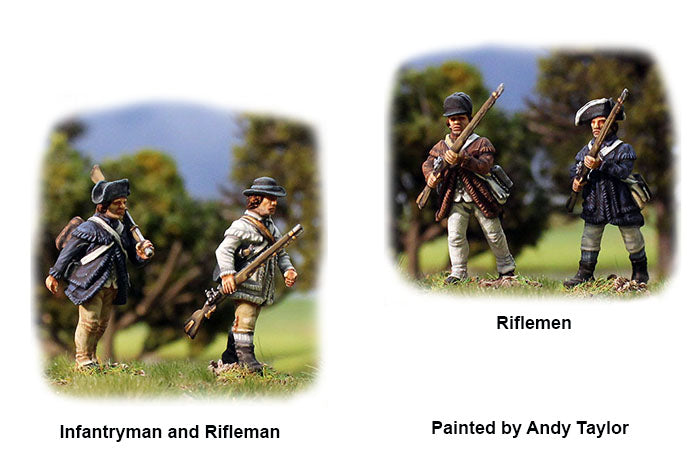 Painted Perry Miniatures Continental Infantry 1776–1783 figures in marching and skirmishing poses