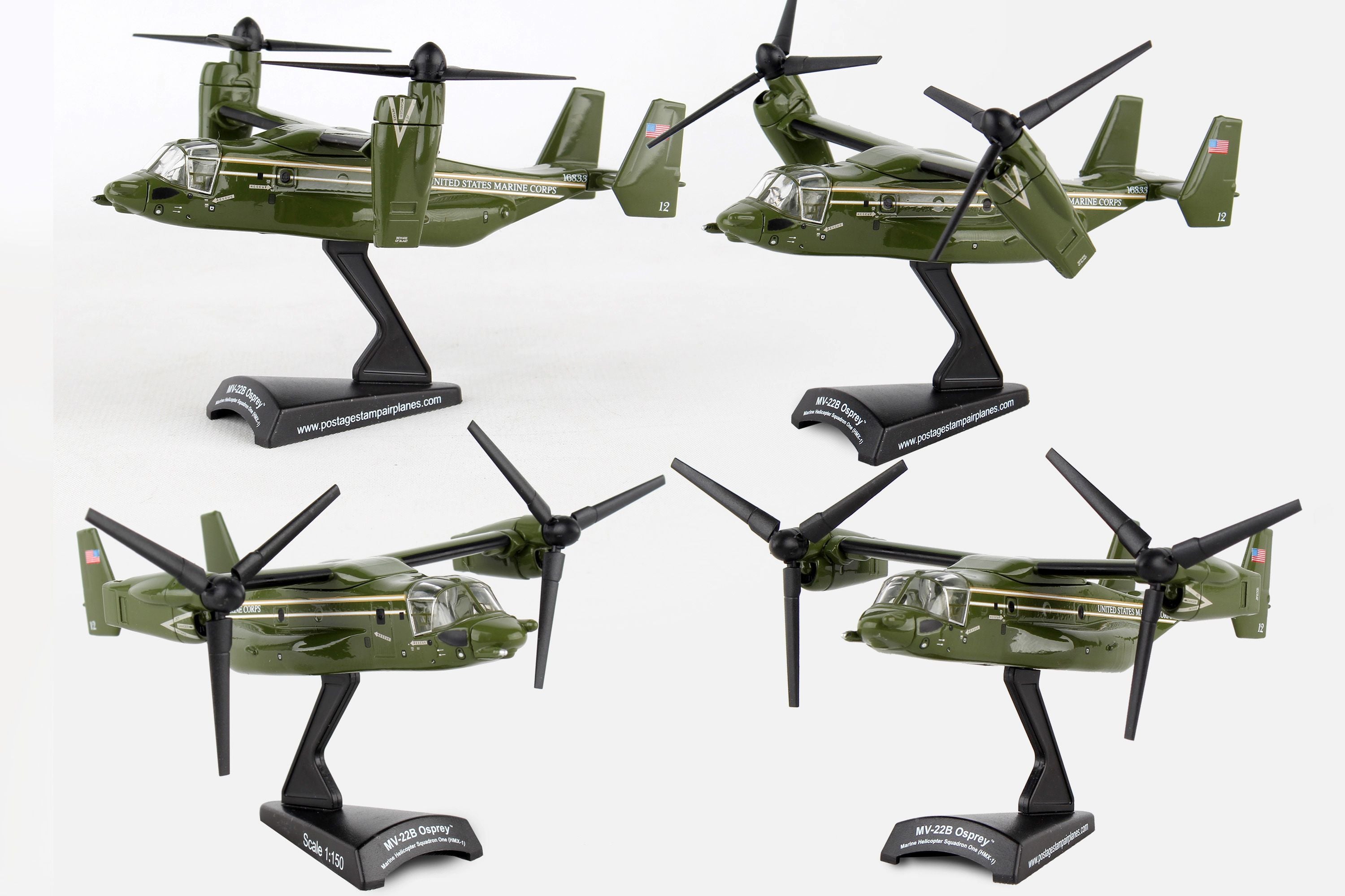 Bell Boeing MV-22B Osprey HMX-1, 1:150 Scale Diecast Model Multi View