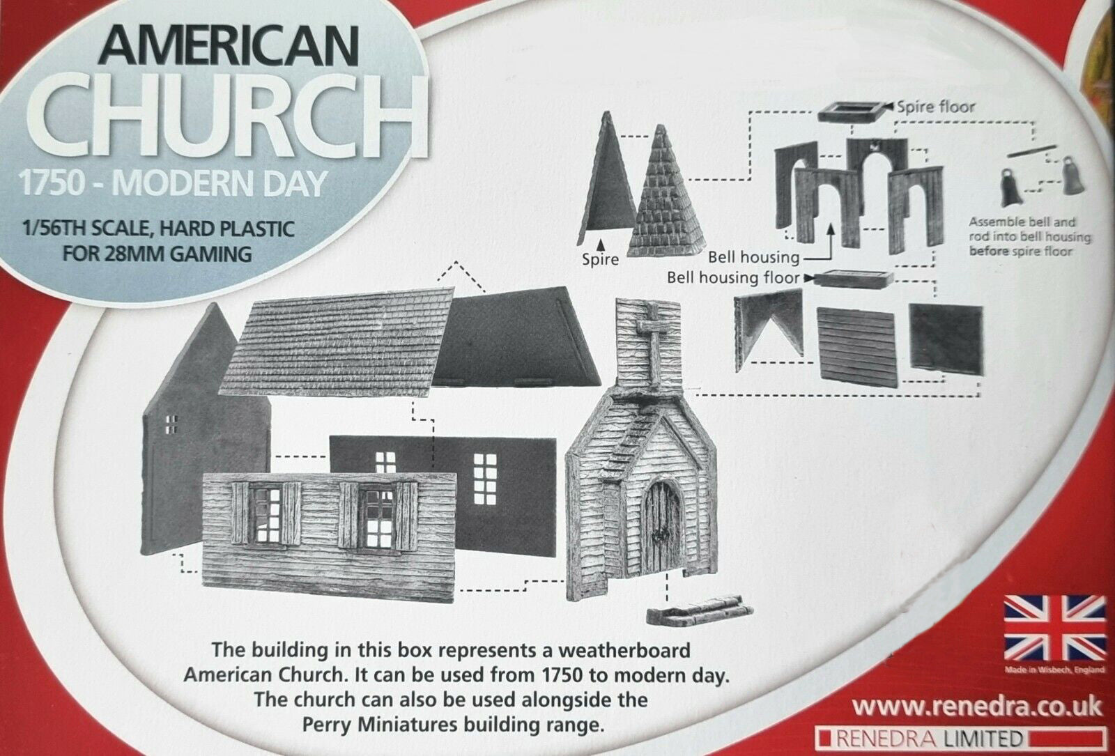 Rear box packaging diagram showing the exploded assembly layout of the 28mm Renedra weatherboard American Church kit.