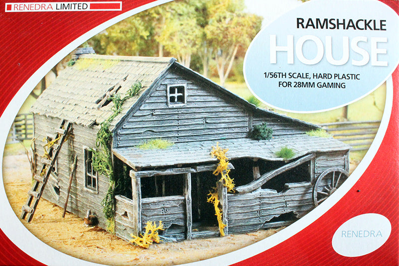 Official front box art packaging for the 1-56 scale Renedra Ramshackle House hard plastic tabletop terrain model kit