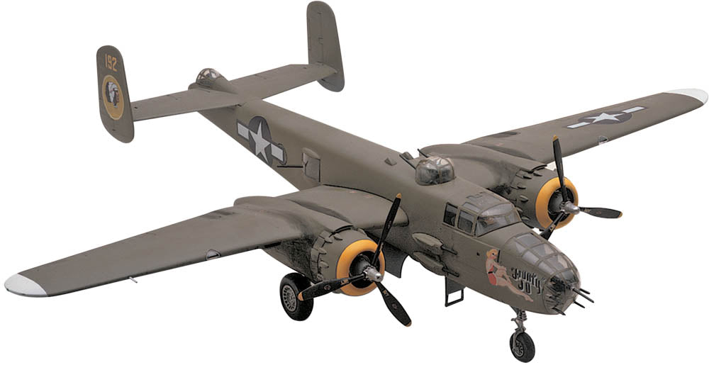 Overhead view of finished Revell 1/48 B-25J Mitchell showing olive drab camouflage and yellow engine cowls.