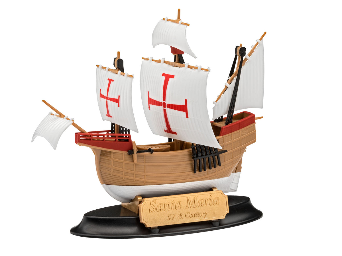 Fully assembled Revell Germany 1/350 Santa Maria easy-click model on black display stand.