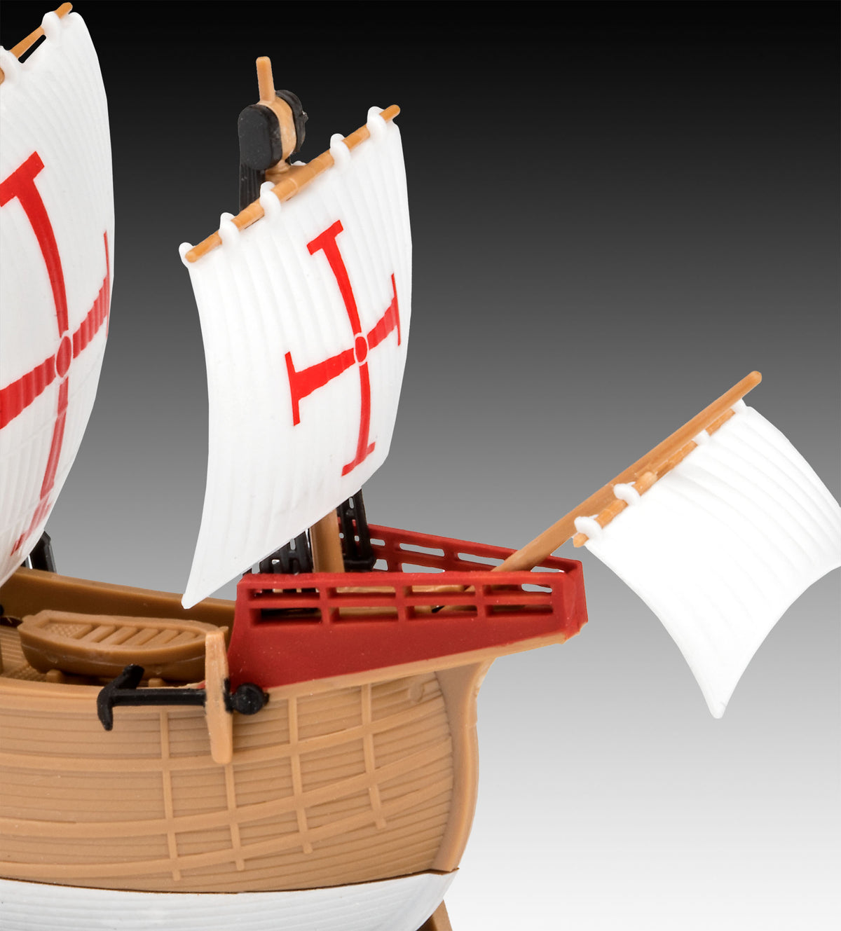 Close-up of textured hull, anchor, and red forecastle railing on Revell 1/350 Santa Maria.