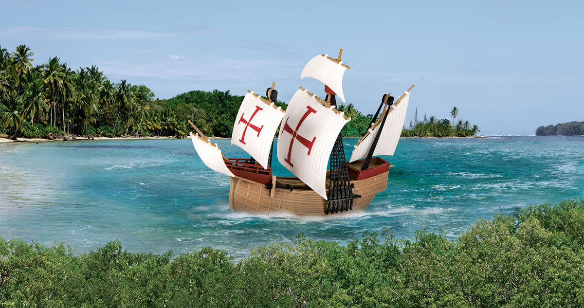 Revell 1/350 scale Santa Maria flagship sailing along a tropical coastline.