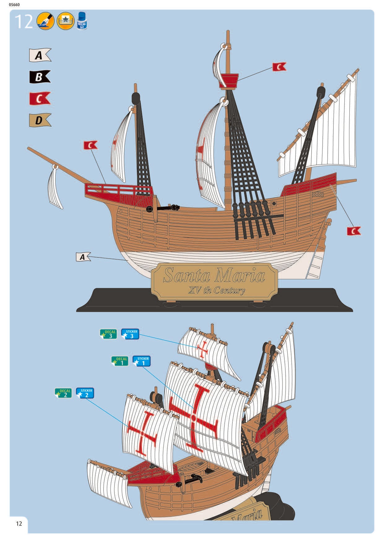 Instruction guide page 12 detailing sail attachment, painting guide, and decal placement.