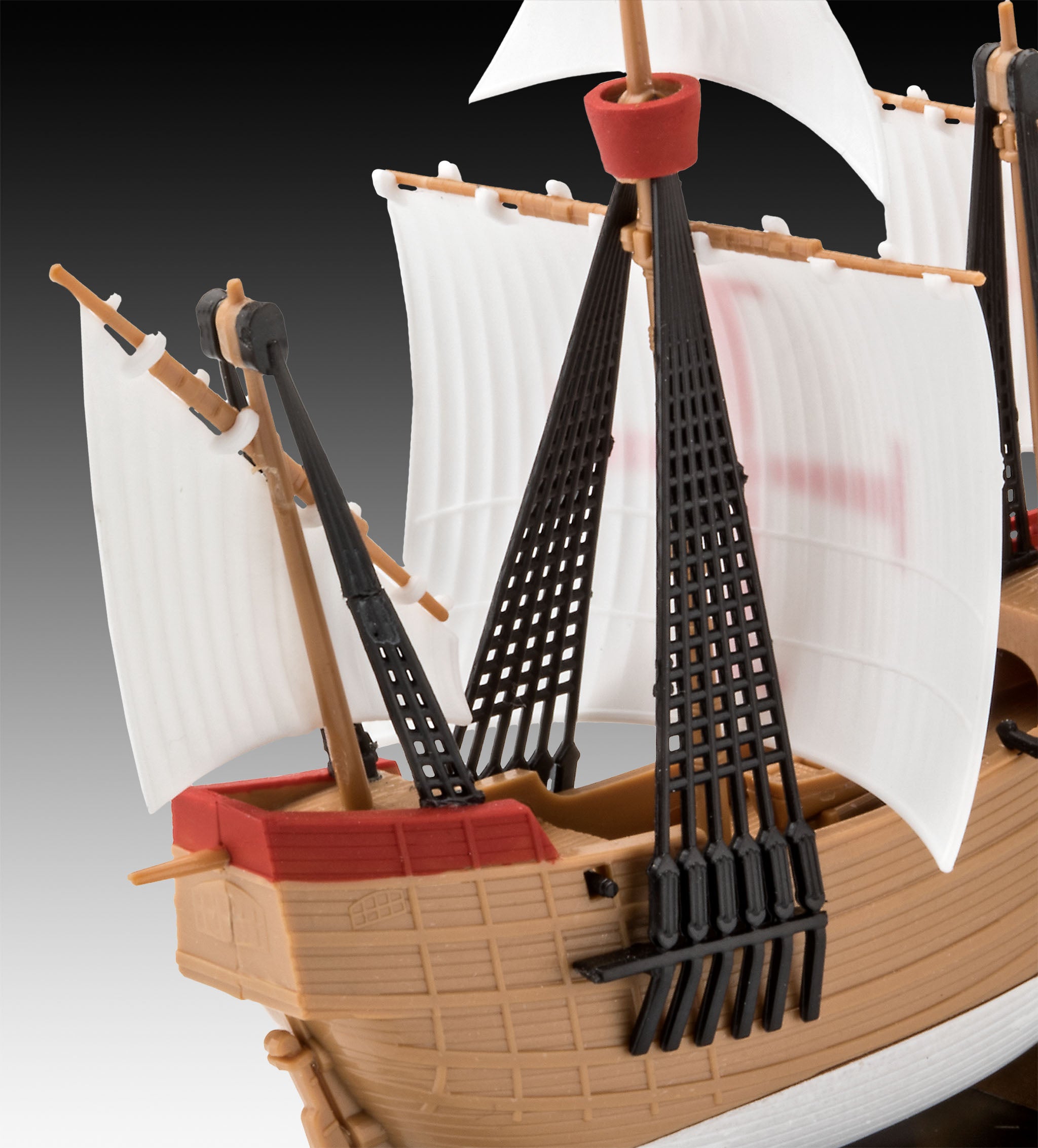 Close-up view of molded ratlines, single-piece masts, and aft deck structure on 1/350 kit.
