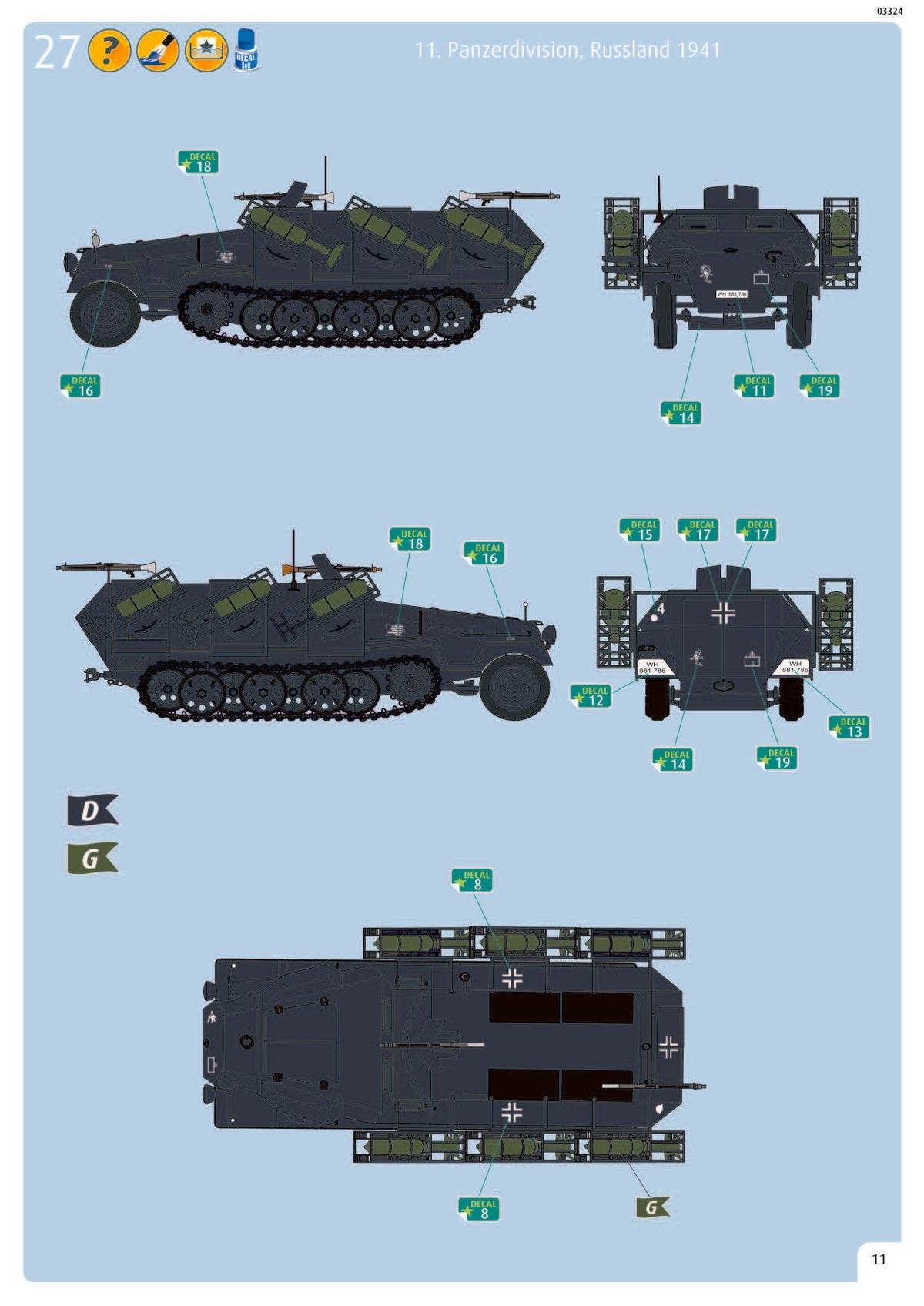 Painting and decal placement guide for 11. Panzerdivision Russia 1941 in Panzer Grey.