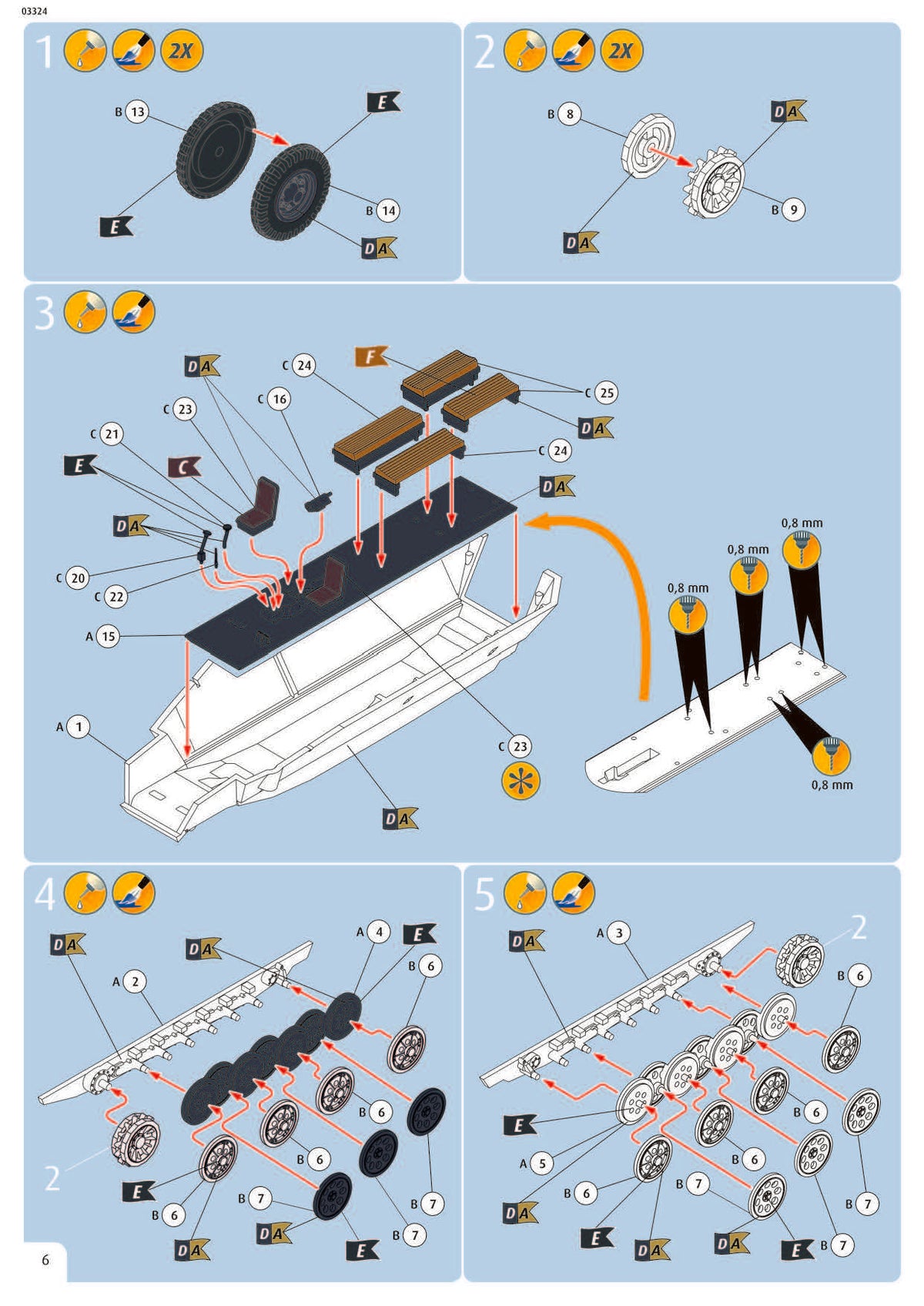 Manual page 6 detailing chassis suspension, road wheel alignment, and interior floor assembly.