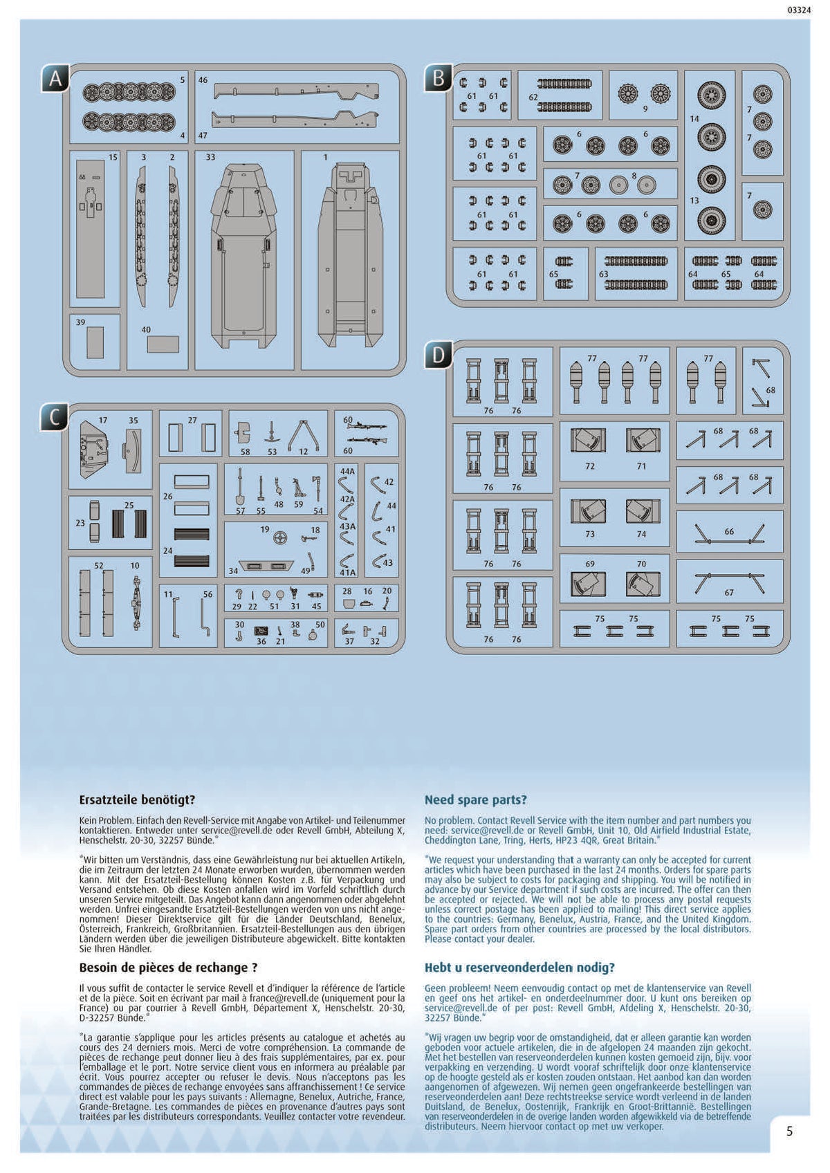 Instruction manual page 5 showing sprue layouts A through D for Revell kit 03324.
