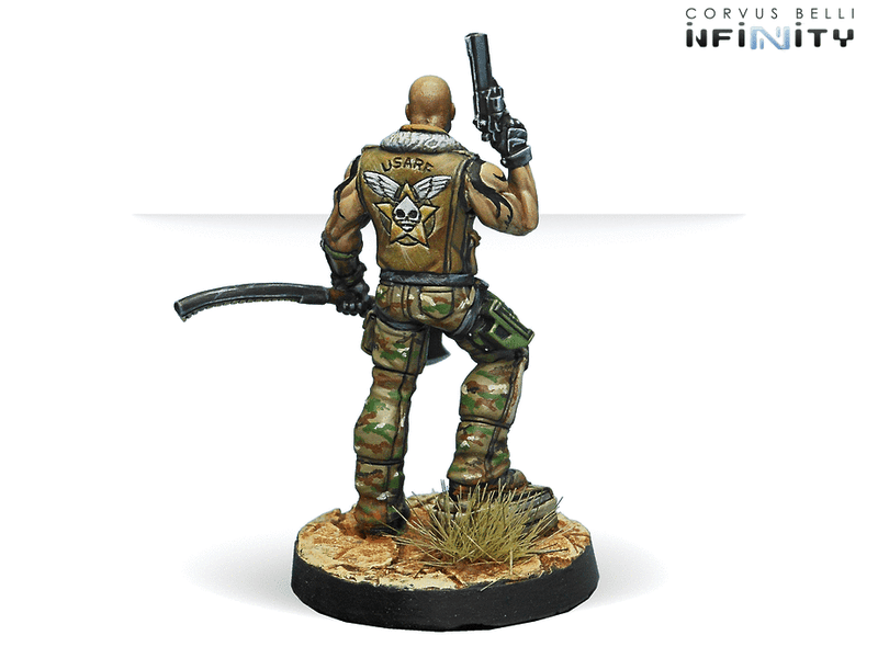 Infinity Ariadna Roger Van Zant, Capt. 6th Airborne (Heavy Pistol, AP CCW) Miniature Game Figure Rear View