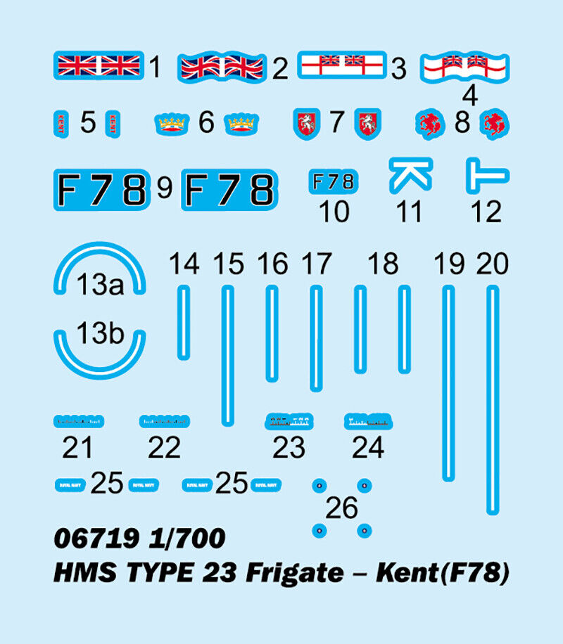 HMS Kent F78 Type 23 Frigate, 1:700 Scale Model Kit Decals