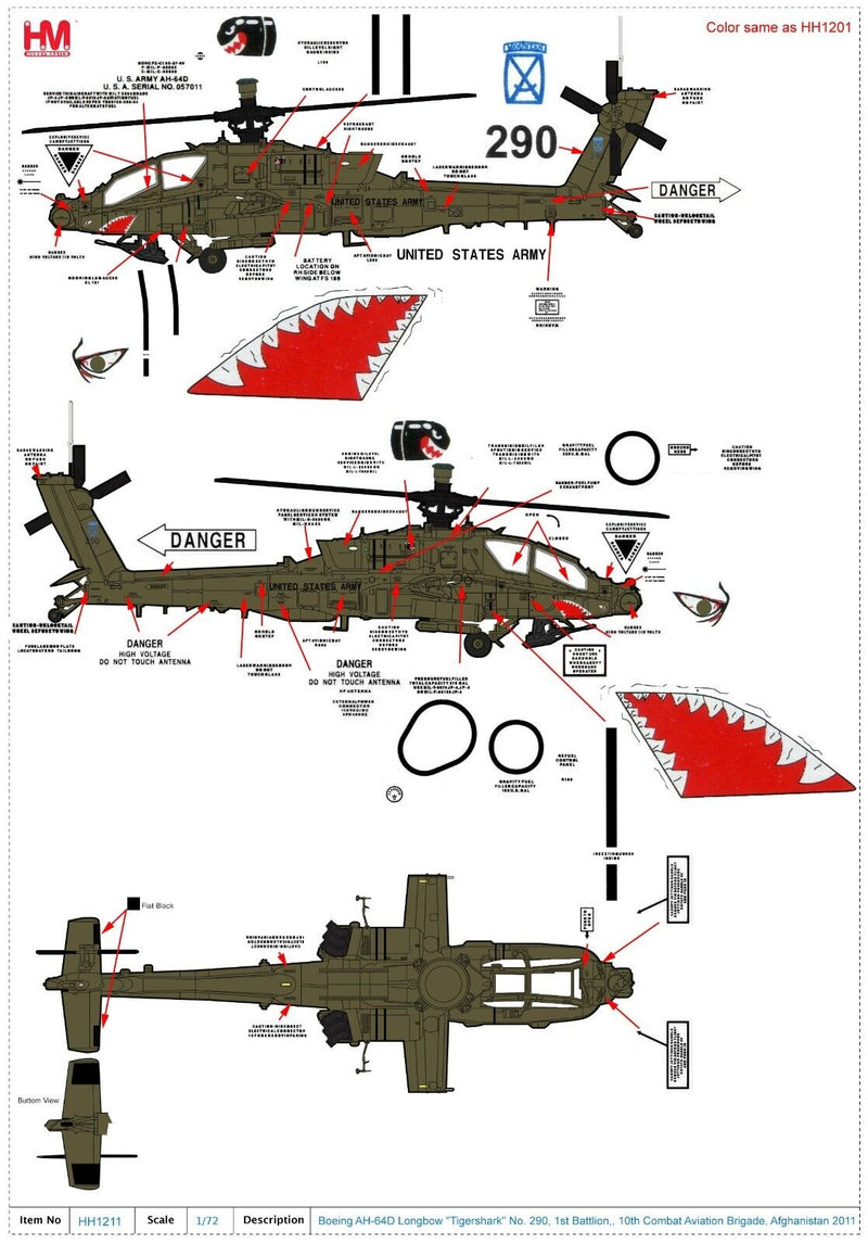 Boeing AH-64D Apache 1st BN, 10th Combat Aviation Brigade Afghanistan 2011, 1:72 Scale Diecast Model Placards & Markings