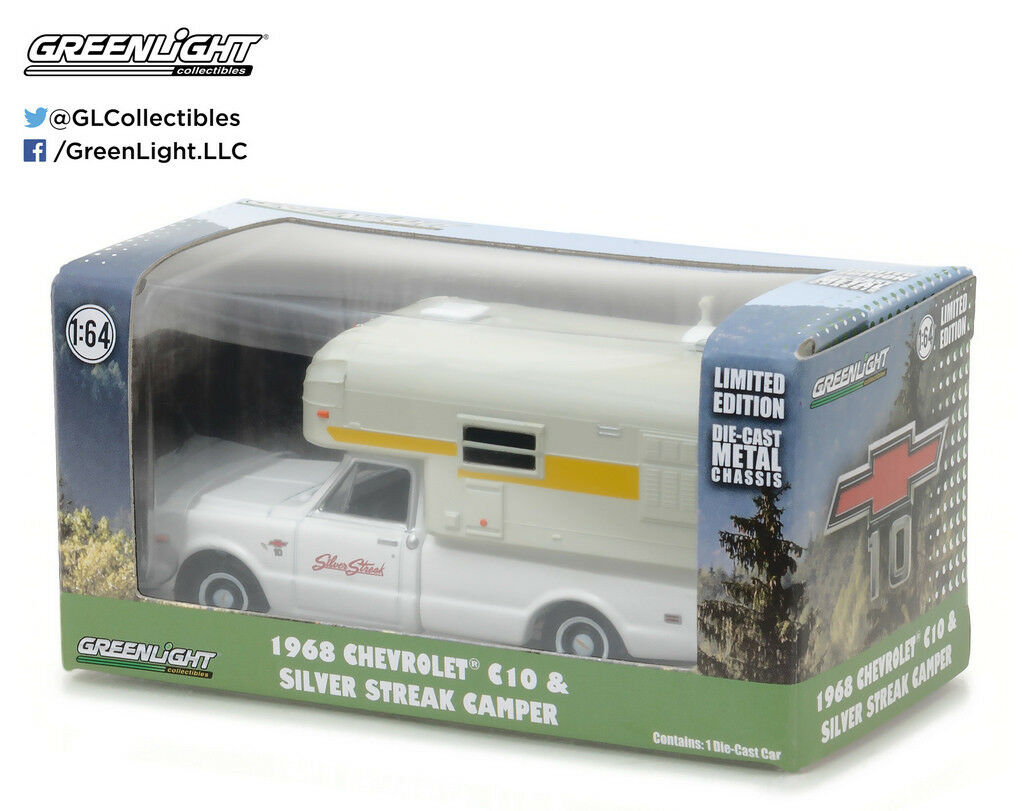 1968 Chevrolet C-10 Pickup Truck (White) W/ Silver Streak Camper, 1:64 Scale Diecast Model In Box