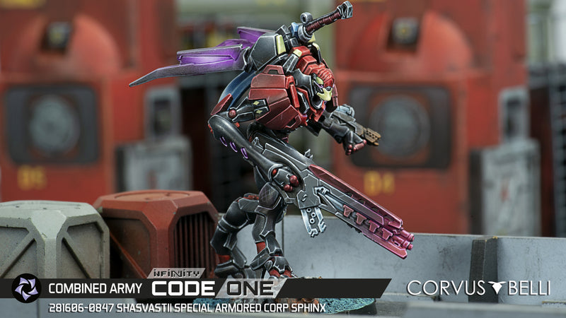 Infinity CodeOne Combined Army Shasvastii Special Armored Corp Sphinx (TAG) Miniature Close Up