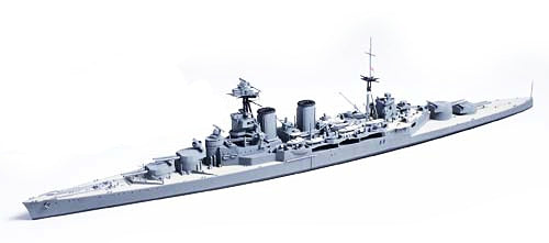 Side profile of the Tamiya 1/700 HMS Hood showing neutral grey hull and tripod masts.