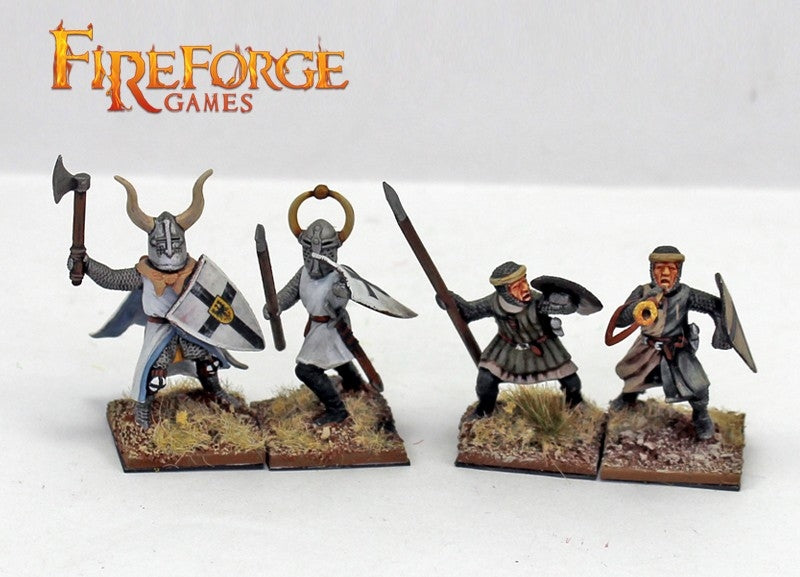 Close up of painted Fireforge Teutonic infantry command including officer and musician.