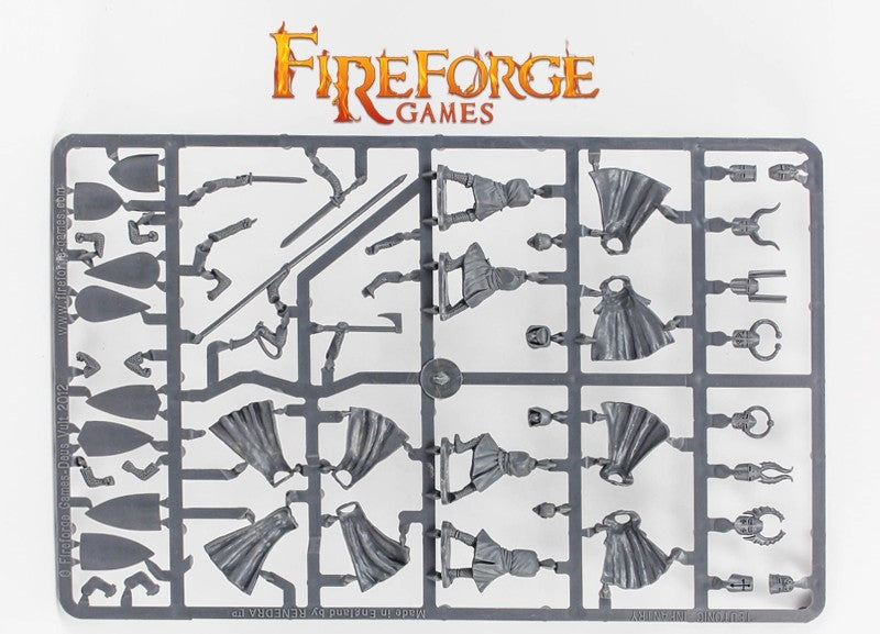 Front view of Fireforge Teutonic infantry plastic sprue showing bodies and cloaks.
