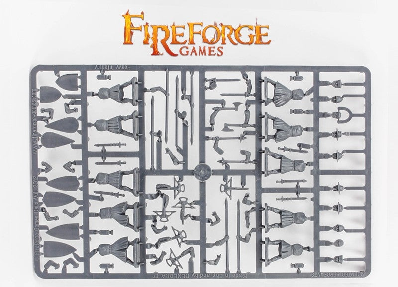 Front view of Fireforge Teutonic infantry plastic sprue showing bodies and cloaks.