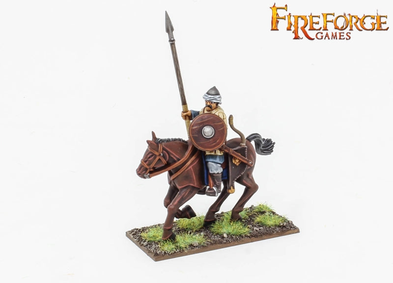 Close up of painted 28mm Turcopole lancer with shield and spear on a brown horse.