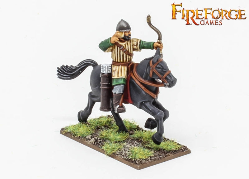 Professionally painted Fireforge Turcopole mounted archer with bow on a black horse.