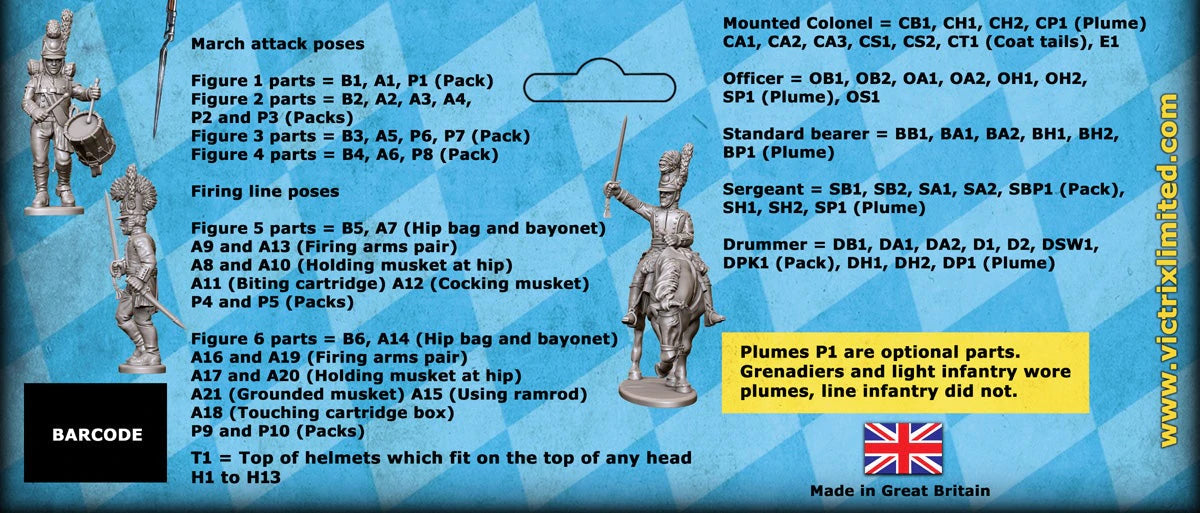 Back of retail header card showing assembly instructions and parts guide for Bavarian infantry