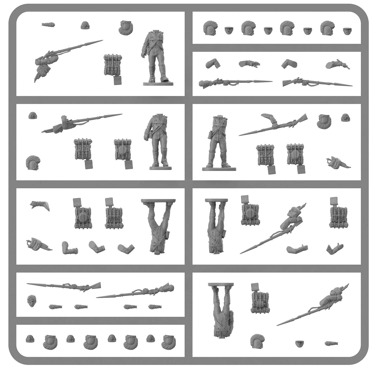 Unpainted gray plastic infantry sprue showing modular bodies heads and muskets for Bavarian troops