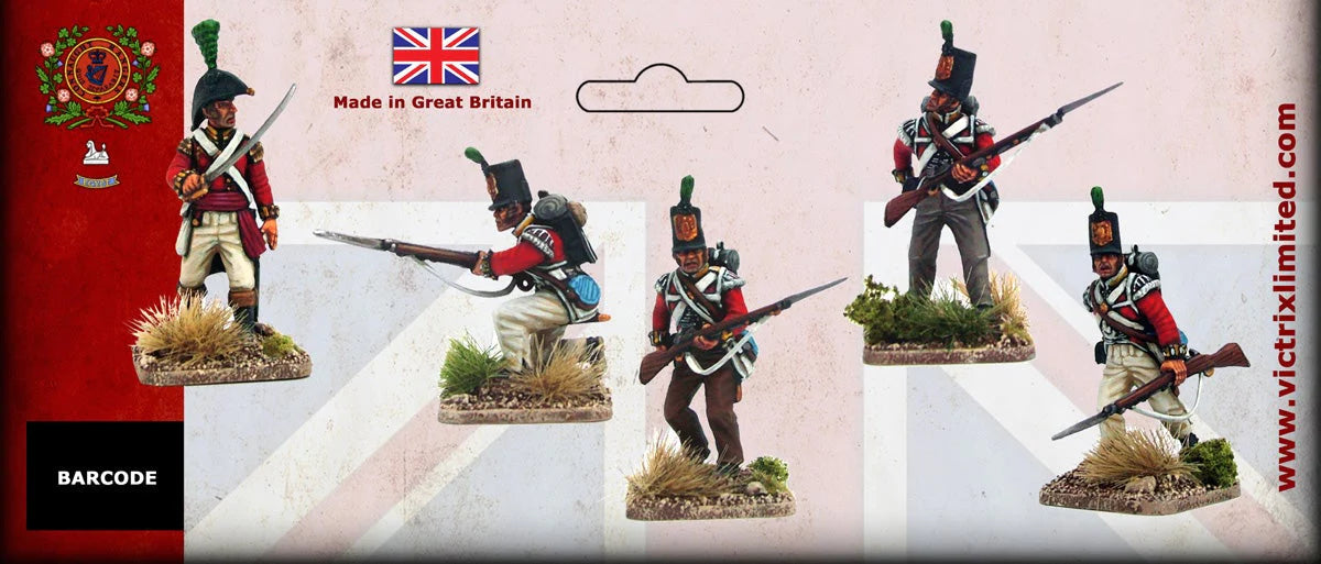 Back of retail header card showing painted Victrix 28mm British officer and kneeling light infantry