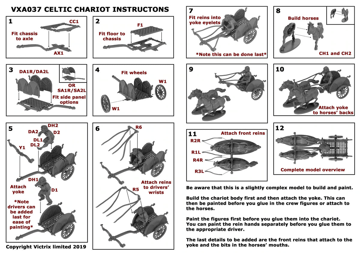 Step-by-step assembly instructions sheet for Victrix 28mm Celtic Chariot chassis horses and crew 