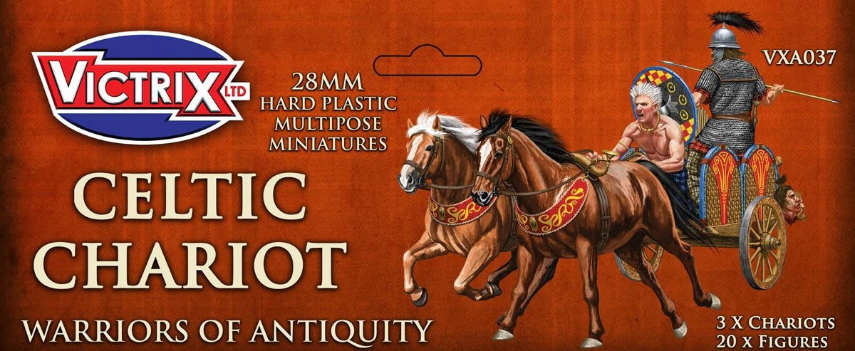 Victrix Limited 28mm Celtic Chariot retail header card art showing two-horse war cart in battle 