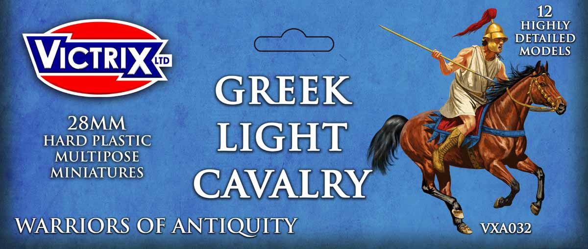 Victrix Limited 28mm Greek Light Cavalry cardstock header art showing armored rider with javelin