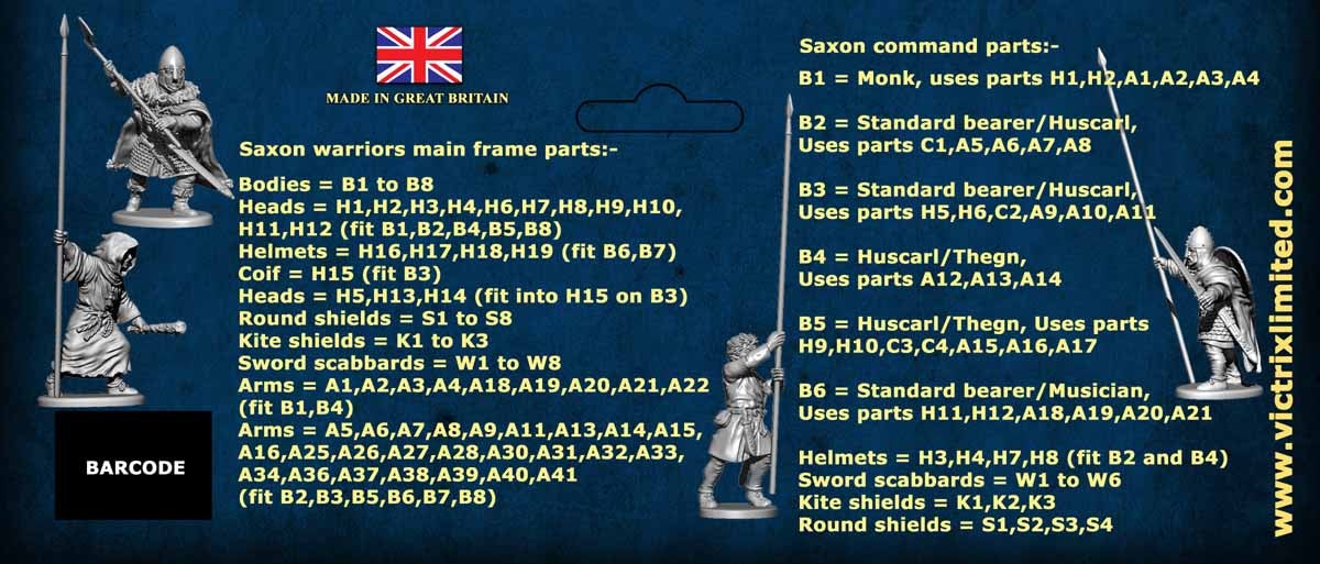 Back of retail header card showing assembly parts guide for Saxon warriors and command