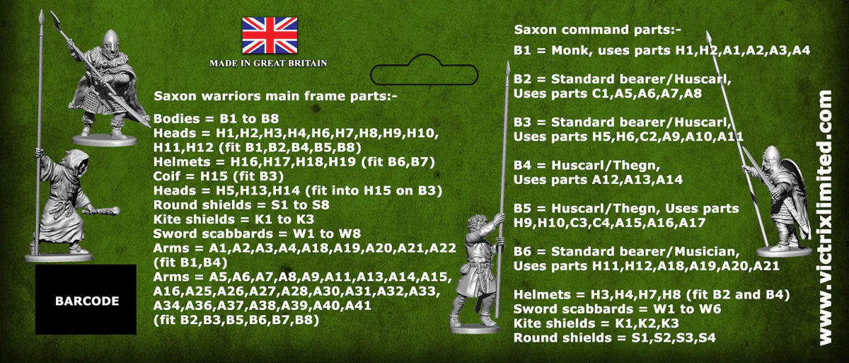 Back of retail header card showing parts assembly guide for 30 figure Saxon skirmish pack 