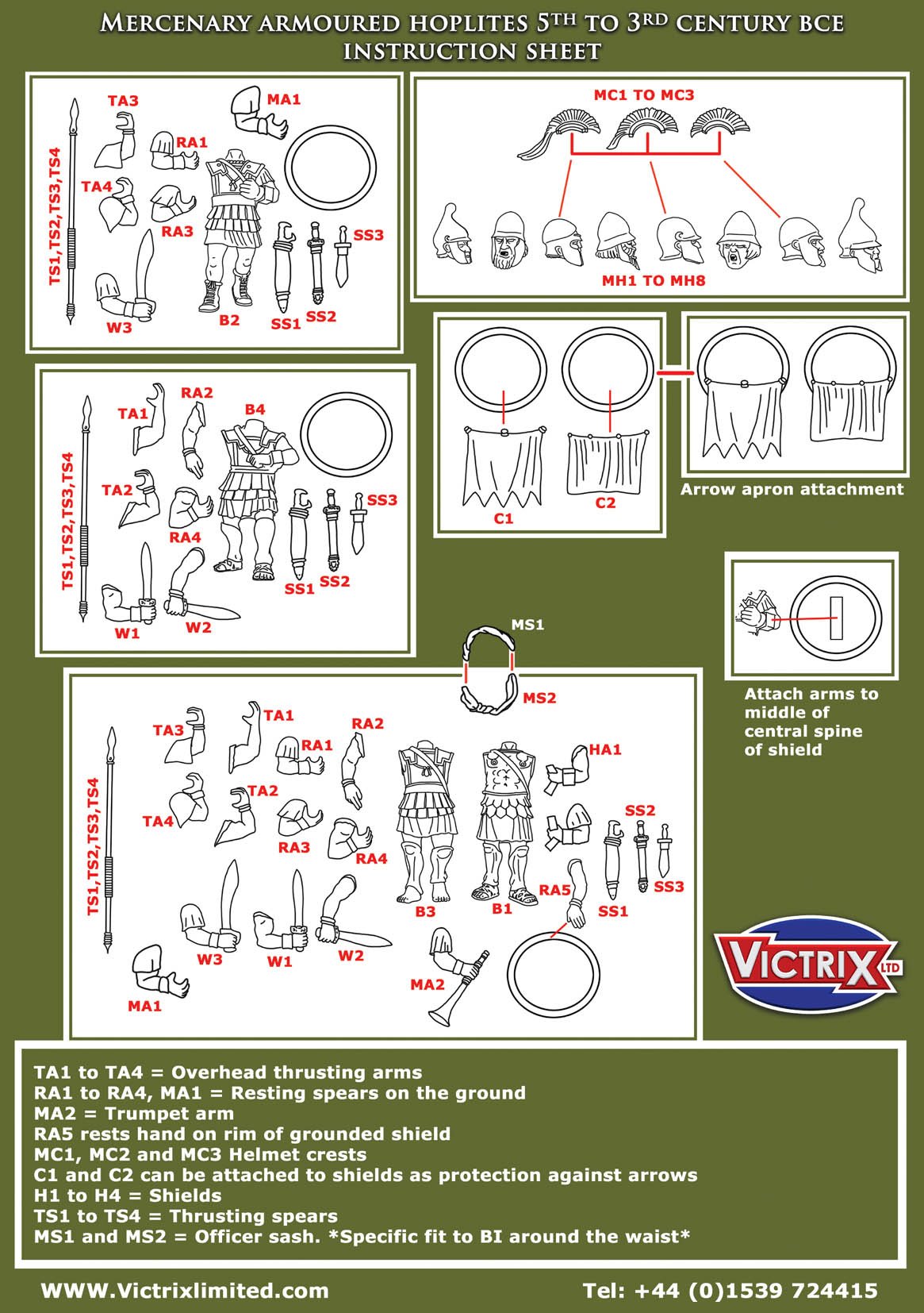 Official assembly instructions diagram for Victrix 28mm Mercenary Armoured Hoplites parts and weapons 