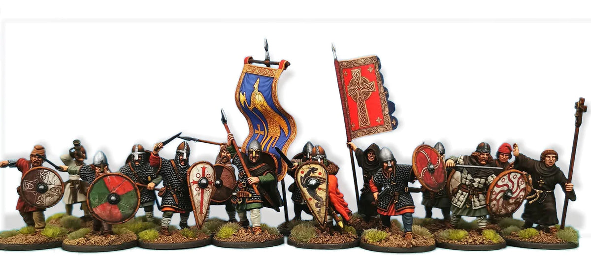 Painted line of Victrix 28mm Late Saxon and Anglo Danish warriors with standards and shields