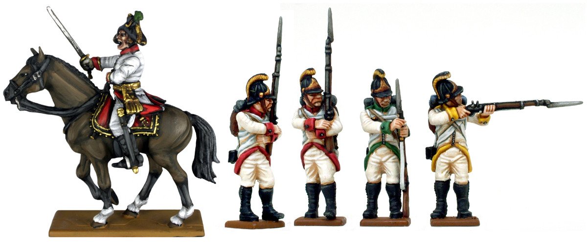 Painted Victrix 28mm Austrian mounted colonel and infantrymen in crested leather helmets