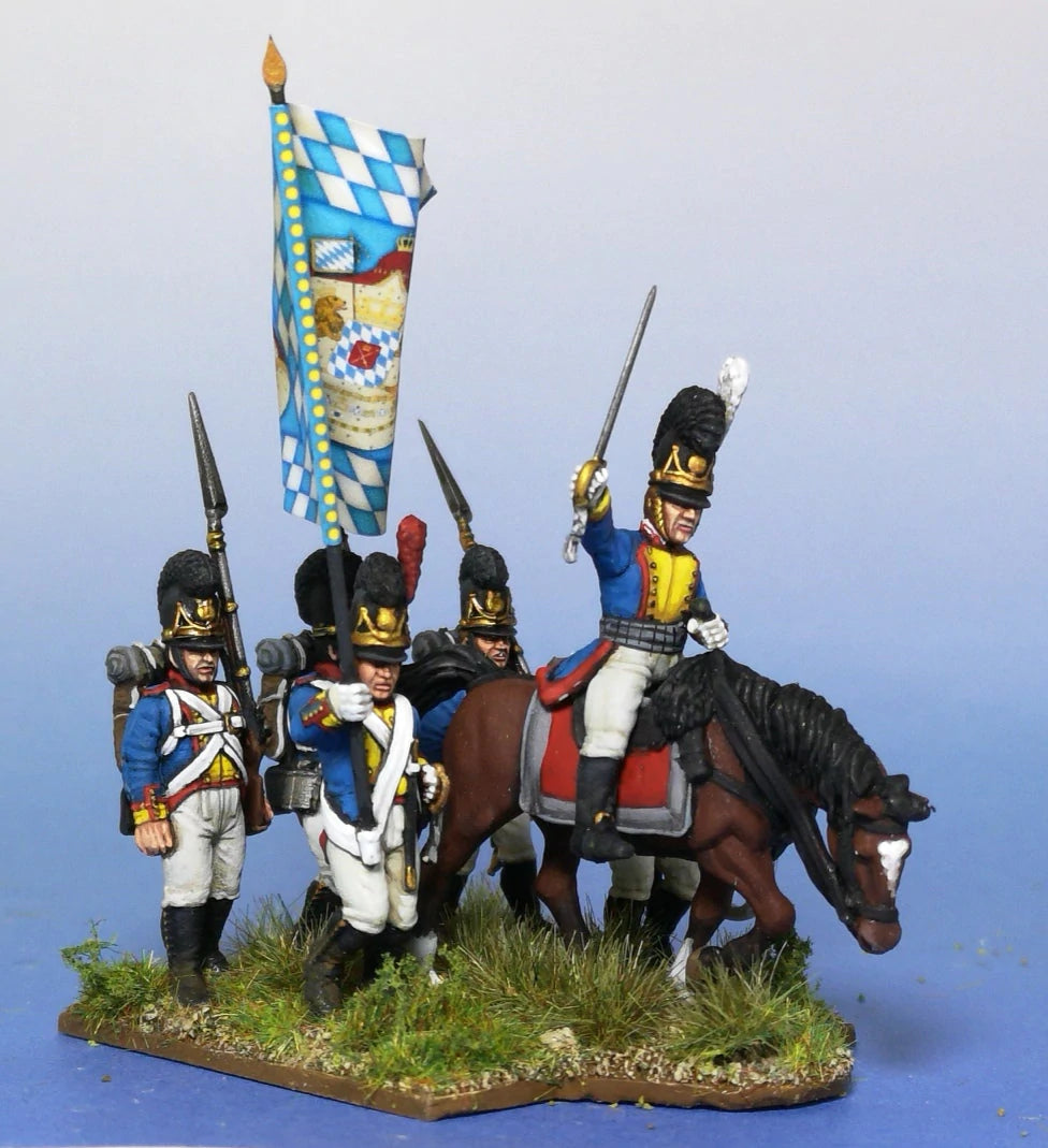 Painted Victrix 28mm Bavarian command group featuring mounted colonel standard bearer and infantrymen