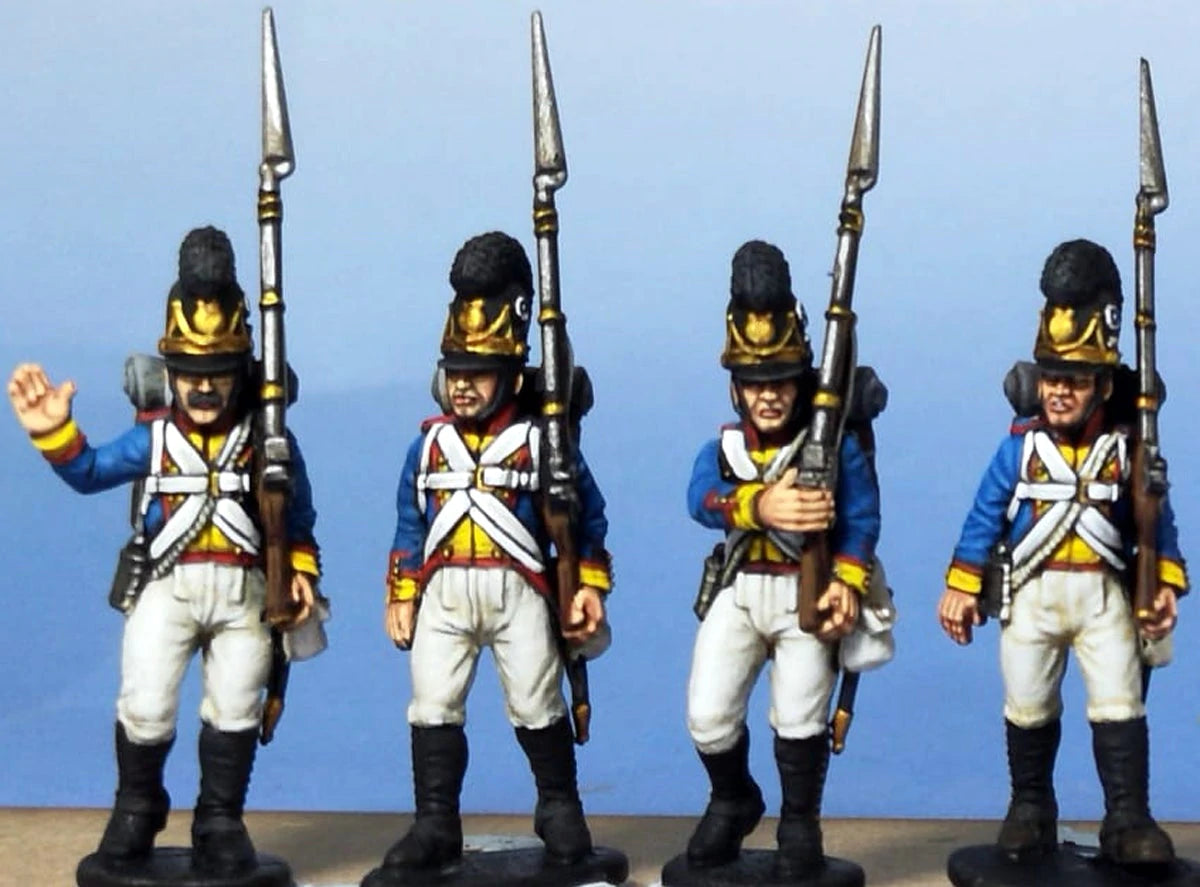 Four painted Victrix 28mm Bavarian Line Infantry figures marching in cornflower blue uniforms