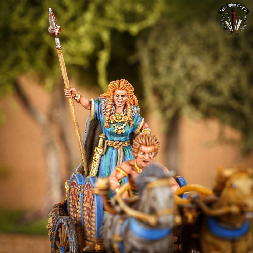 Close-up of painted Victrix 28mm Queen Boudicca and driver in a Celtic chariot 