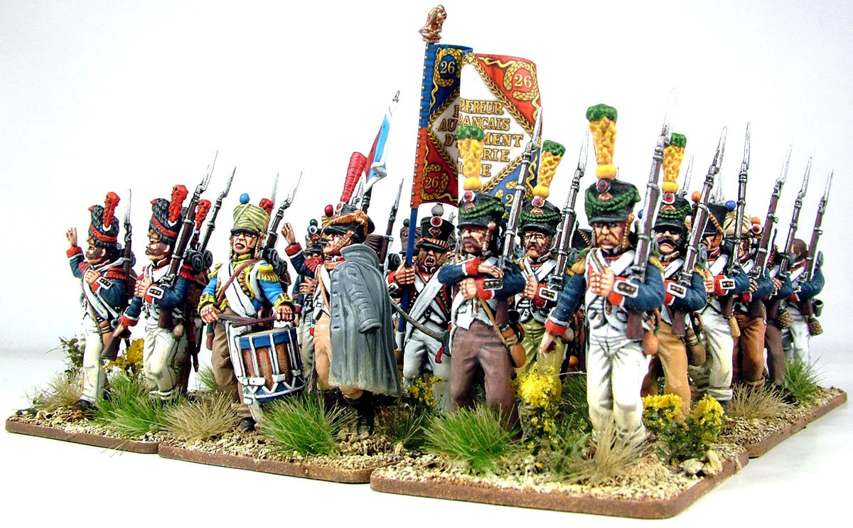 Painted attack column of Victrix 28mm French Napoleonic infantry marching on a scenic terrain base 