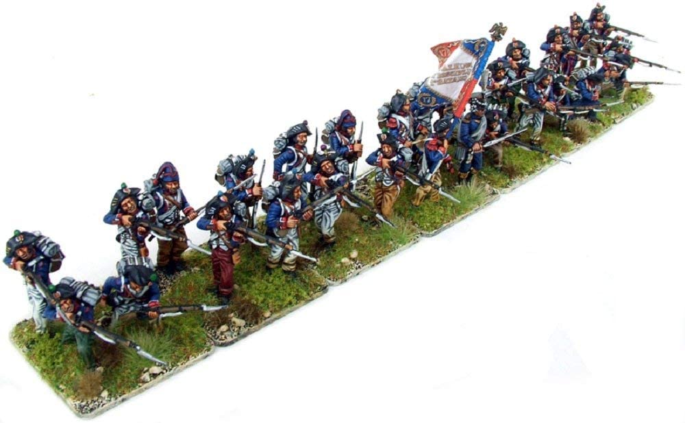 Elevated view of a painted Victrix 28mm French Napoleonic battalion deployed in double rank line formation