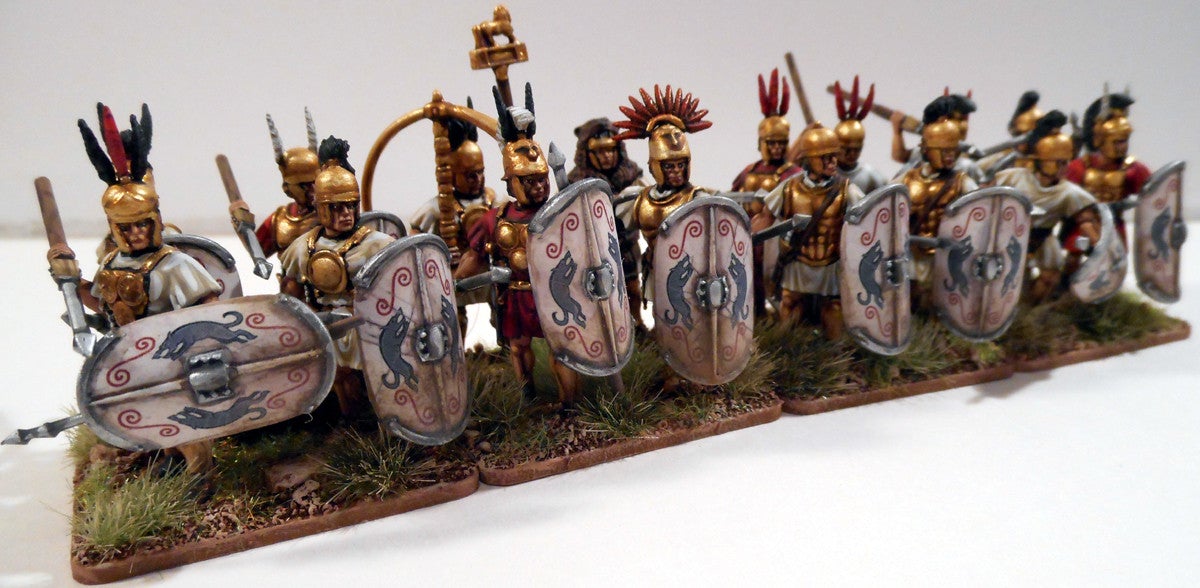 Three-quarter view of painted Victrix 28mm Italian allied legionaries and command group deployed for battle