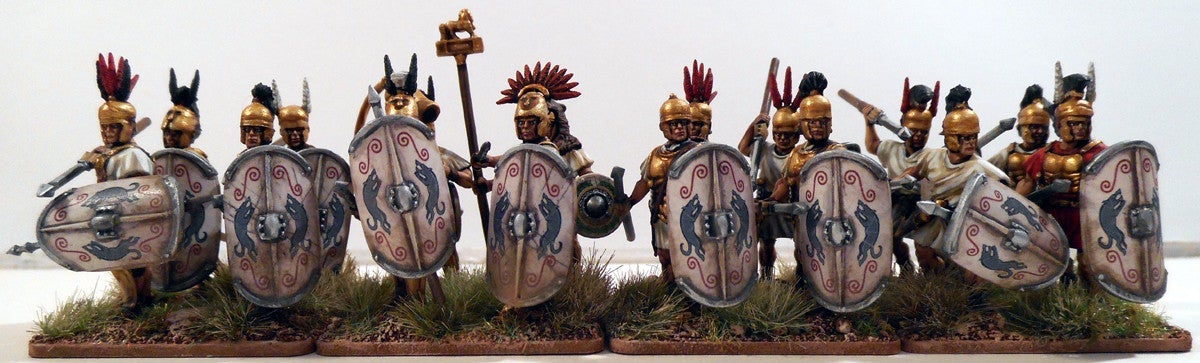 Front view of a painted rank of Victrix 28mm Italian allied legionaries with scutum shields