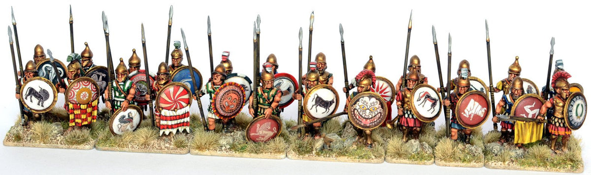 Full painted battle line of Victrix 28mm Mercenary Armoured Hoplites with shield transfers 
