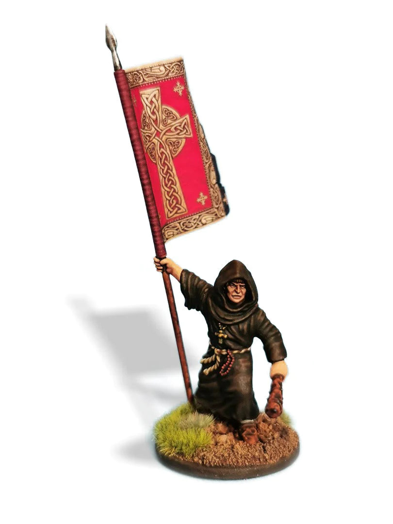 Painted Victrix 28mm Christian monk holding a Celtic cross banner and holy relic