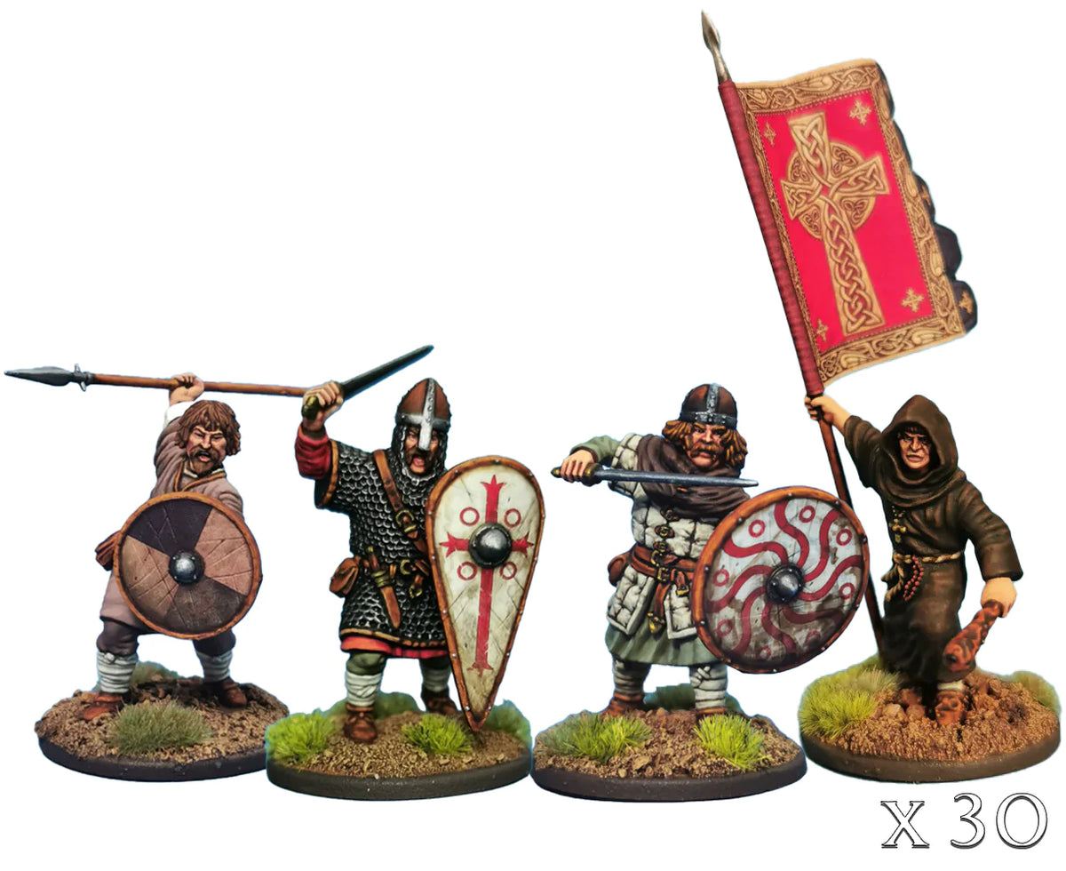Four painted Victrix 28mm Late Saxon skirmish figures including fyrd warrior thegn and monk with banner 