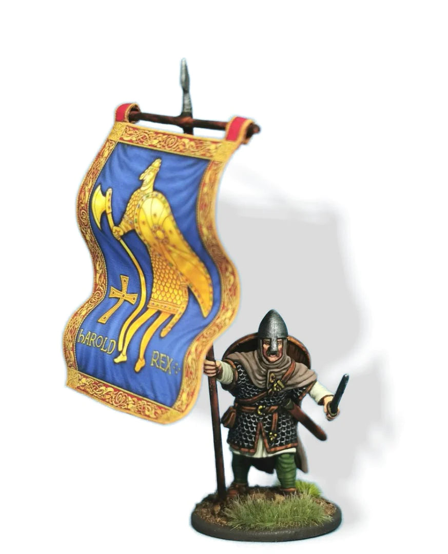 Painted Victrix 28mm Saxon standard bearer holding King Harold Rex dragon banner