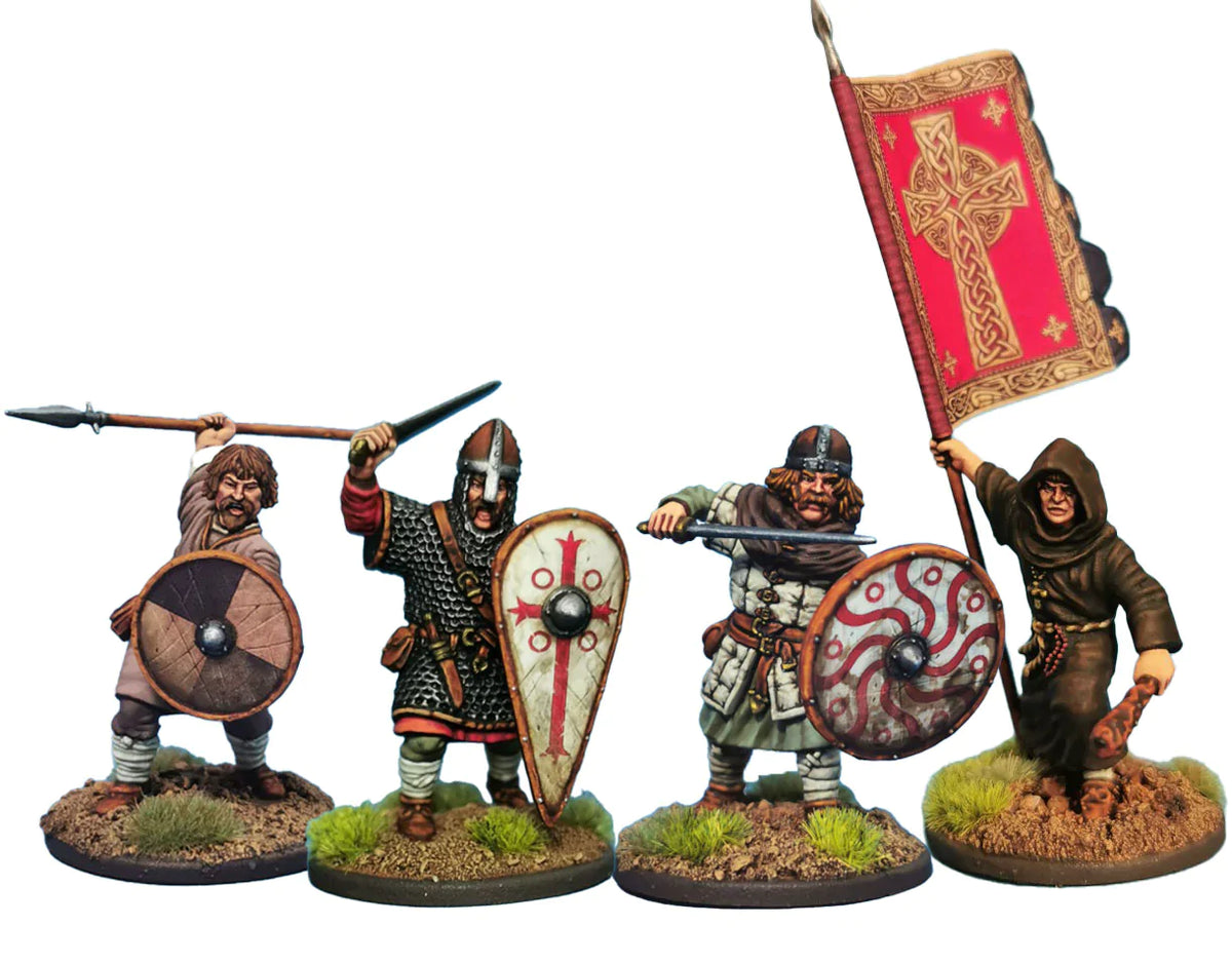 Four painted Victrix 28mm Late Saxon miniatures including warriors and a hooded monk with banner