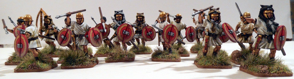 Painted unit of Victrix 28mm Italian allied velites and light skirmishers wearing wolfskin headdresses